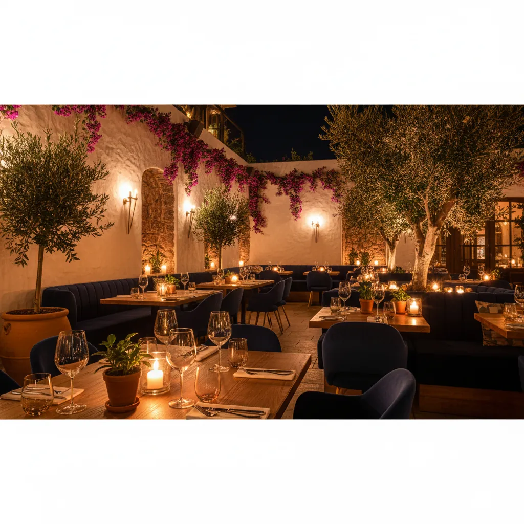 Sfeervol interieur van Restaurant Irodion met mediterraanse inrichting en bougainvillea